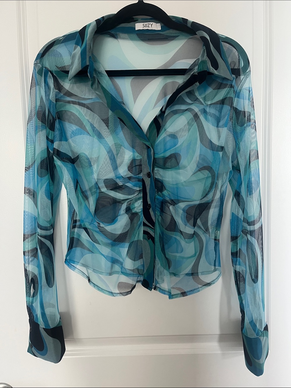 Vintage Suzy Sheir Blue Swirl Sheer Button-Up Blouse